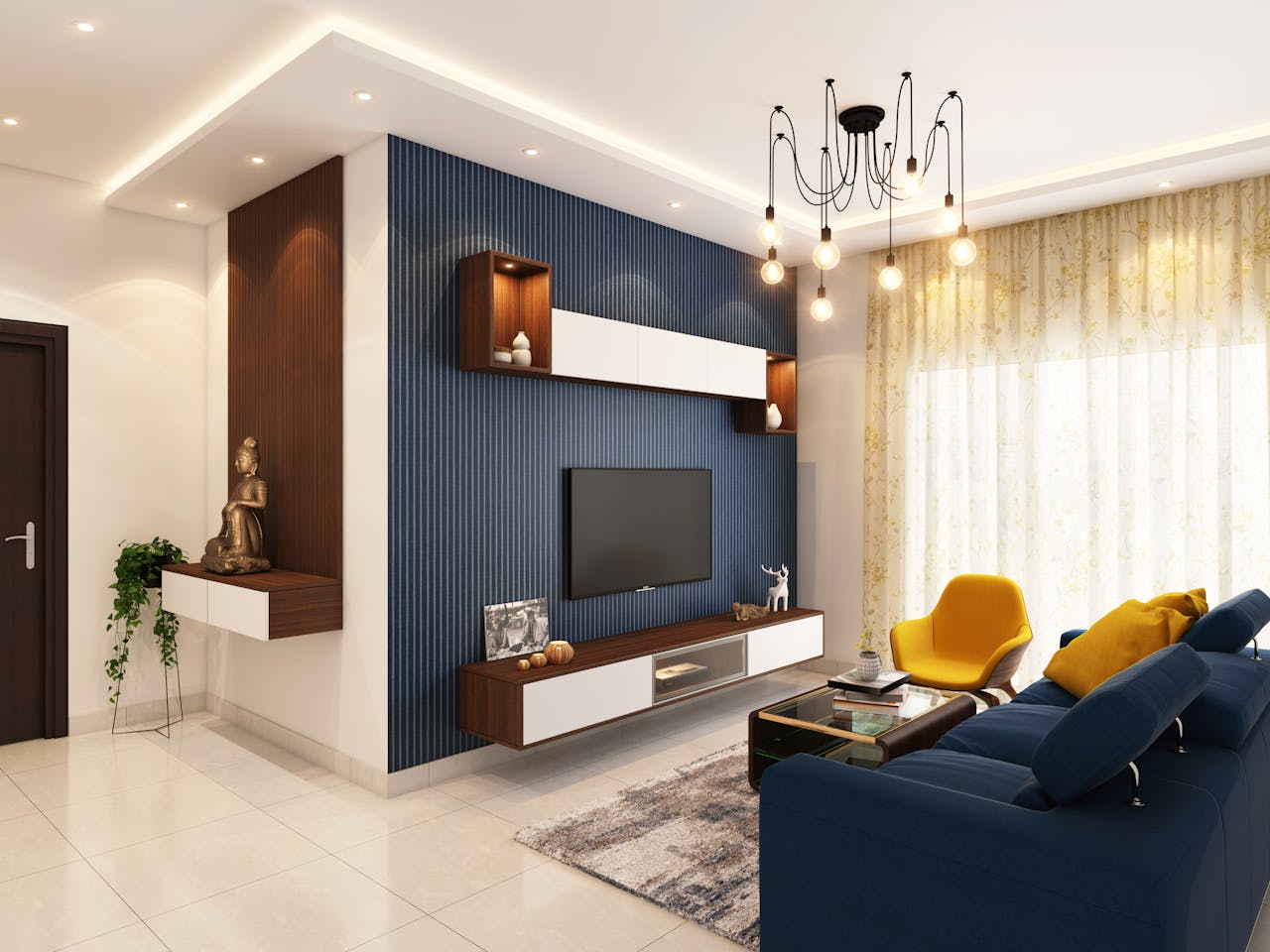 living room with blue feature wall and blue couch